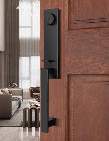 Tinewa Full Escutcheon HandleSet Front Door Entry Handle and Deadbolt Lock Set Slim Square Single Cylinder Deadbolt and Lever Heavy Duty Matte Black Finish