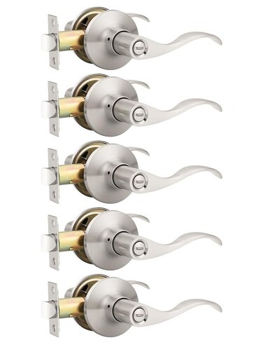 Mengico 5 Pack Satin Nickel Privacy Door Lever Modern Interior Door Knobs Locks for Bedroom and Bathroom Heavy Duty Door Handle Reversible Wave Lever Handle