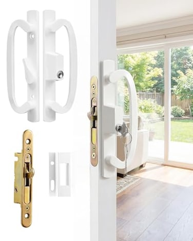 Zinkitool Keyed Sliding Patio Door Handleset 45 Keyway 31516 HC Fits 138 to 2 Thick Doors NonHanded White Diecast Offset Position with Mortise Lock and KeeperOff Center Thumb Latch