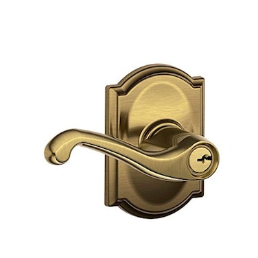 SCHLAGE F51A FLA 609 CAM Flair Lever with Camelot Trim Keyed Entry Lock Antique Brass