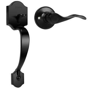 Tinewa Single Cylinder Exterior Handleset Keyless Front Door Handle with Lever Inside Low Profile Front Lock Handleset with Black Finish Reversible for Right Left Sided
