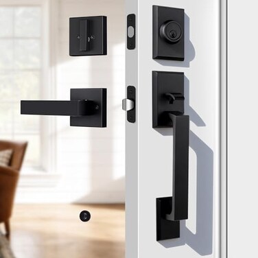 LOQRON Front Door Handleset Heavy Duty Door Handle and Deadbolt Lock Set Square Entry Handle Set with Single Cylinder Deadbolt for Right Left Handed Doors Matte Black
