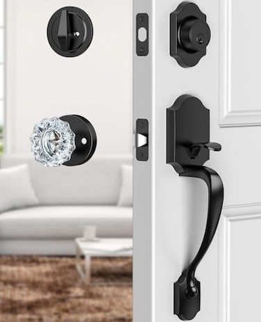Calzibeno Black Front Door Handle and Deadbolt Set Front Door Lock Set with Crystal Glass Door Knob Entry Door Lock Set with Single Cylinder Reversible for Right Left Matte Black
