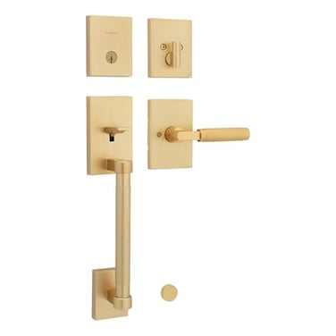 Kwikset Prava Front Door Lock Handle and Deadbolt Set Entry Handleset Exterior with Interior Reversible Lever Satin Brass Pick Resistant SmartKey Rekey Deadbolt Security with Microban Protection