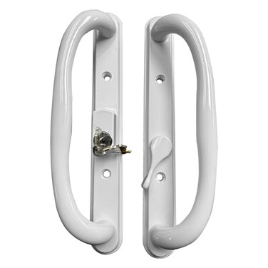 G.A.S Hardware 10 Olympus Sliding Patio Glass Door White Offset Pull Handle Set Replacement with Keys fits 3 inches Hole Spacing and 114 to 214 Door Thickness Fix and Repair Hardware