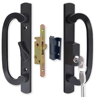 ALLYWASAI Patio Sliding Door Handle Set with Mortise Lock Key Cylinder and Keeper Replacement Handle Lock Set Fits Door Thickness from 112 to 214 31516 Screw Hole Spacing Keyed Black
