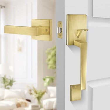 BonKuDoo Front Entry Handle Set With Single Cylinder Exterior Gold for Right and Left Handed Doors Satin Brass