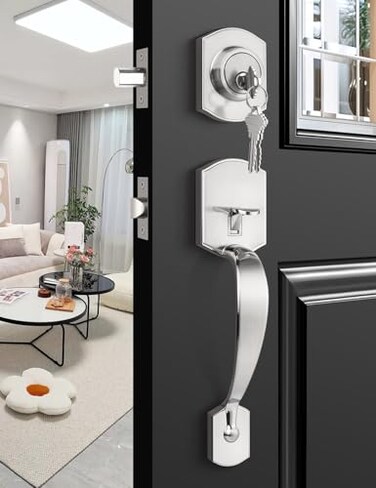 Tinewa Camelot Front Door Handle and Deadbolt Set Brushed Nickel Front Door Lock Set Upgated Entry Door Handle with Accent Wave Door Lever with Reversible Handle Lever 1 Pack