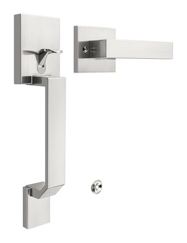 Tinewa Square Brushed Nickel Front Door Handle with Classic Door Lever Upgrated Exterior Door Entry Handle No Lock Reversible for Left Right Handed
