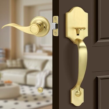 Gaurqiah Gold Front Door Handle Set with Passage Lever Deadbolt Not IncludedExterior Door Handleset for Single Cylinder or Smart Deadbolts Satin Brass