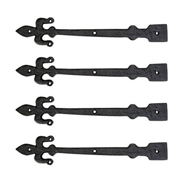 Renovators Supply Manufacturing Black Wrought Iron Garage Door Decorative Hardware Fleur De Lis Design 12 in Rust Resistant Dummy Strap Hinge with Mounting Hardware Pack of 4