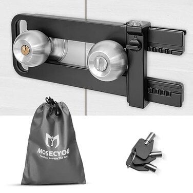 MOSECYOU Double Door Locking Device French Door Lock Security Barricade Keyed Extra Door Lock for Doors with Double HandlesKnobsLevers All Metal Construction Safety UShaped Bar Prevent Kick Ins