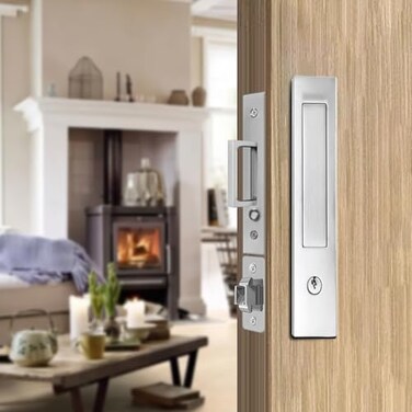 Lipshome Pocket Door Lock with Key Edge Pull and Hidden Handle Sliding Door Hardware for Bathroom and Bedroom Doors Silver