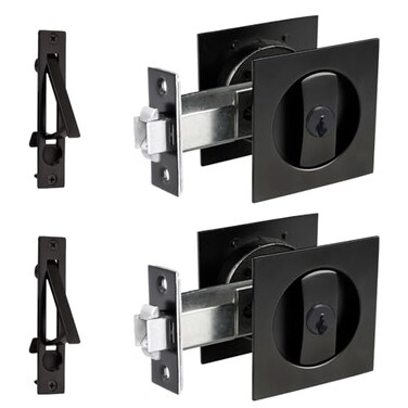 Dontay 2 Pack Pocket Door Lock with Key Contemporary Entrance Sliding Barn Door Lock Latch Recessed 2 Sided 2 38 Backset Flush Handles Hardware Including Edge Pull Matte Black Square