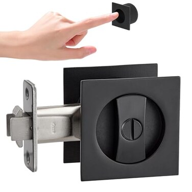 POFEIKTS Matte Black Pocket Door Hardware with Privacy Lock Latch Contemporary Style for Square Pocket Doors1 Pack