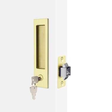 Dontay Pocket Door Handle Modern Rectangular Keyed Entry Function BedBath Pull Latch Recessed Sliding Door Hardware for 1 38 to 2 316 Thickness Keyed Entry Lock Satin Brass 2 Pack
