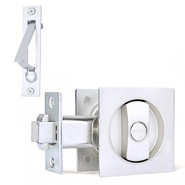 Dontay Pocket Door Privacy Lock Flush Handles 238 Backset BedBath Latch Recessed Knob Hardware for 1 38 to 2 316 Thickness Door Including Edge Pull Brushed Nickel Square 1 Pack