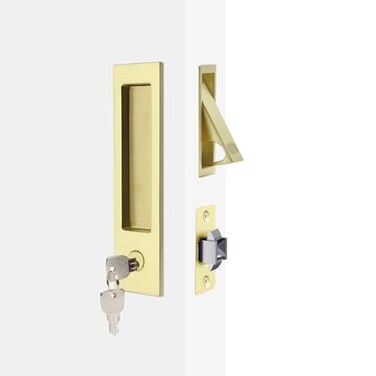 Dontay Pocket Door Handle with Lock and Edge Pull Narrow Modern Rectangular Keyed Entry Function Recessed Sliding Door Hardware for 1 38 to 2 316 Thickness Door 1 Satin Brass