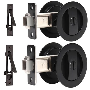 Dontay 2 Pack Pocket Door Privacy Lock Flush Handles 238 Backset BedBath Latch Recessed Knob Hardware for 1 38 to 2 316 Thickness Door Including Edge Pull Matte Black Round