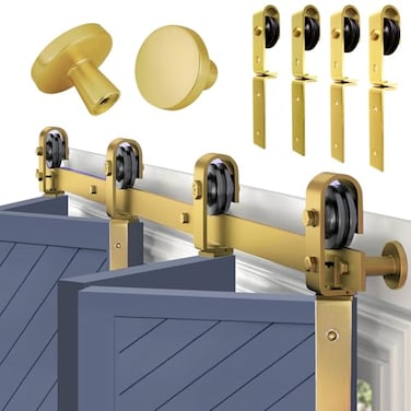 Rio Salto Gold Bifold Sliding Barn Door Hardware Kit Heavy Duty Metal Track System with Matching Knobs Gold BiFold Barn Door Bifold Closet Doors BiFolding 52 Track for 4 Doors 4 Rollers No Door