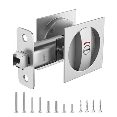 HEYLEAYAR Square Pocket Door Lock with Indicator 1 Pack Contemporary Privacy Pocket Door Hardware 238 NonAdjustable Backset for 135 to 218 Thickness Door Brushed Nickel