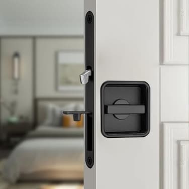 youthua Pocket Door Lock Hardware Set Privacy Handle with Hidden Pull Recessed Latch Fit for 177 to 2 The Thick of Wooden Doors Square Black