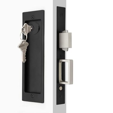 Dontay Rectangular Pocket Door Mortise Lock and Edge Pull Narrow Modern Sliding Door PopUp Handle BedBath Pull Latch Recessed Hardware for 1 38 to 2 316 Thickness Keyed Lock Matte Black