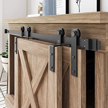 FREDBECK 3 FT Mini Cabinet Bypass Barn Door Hardware Kit Single Track 36inch Small Sliding Barn Doors Track Kit for Double Doors Storage Closet Window TV Stand Wardrobe No Cabinet