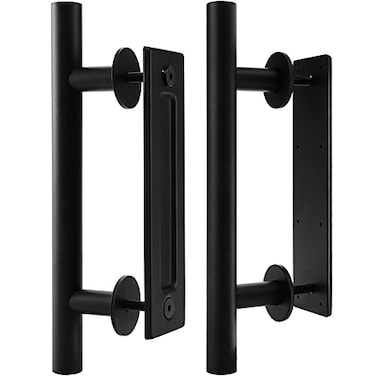 Peohud 2 Pack Sliding Barn Door Handle Carbon Steel Pull and Flush Hardware Set 12 Inch Heavy Duty Rustic TwoSide Design Door Hardware Set for Barn Bedroom Gate Cabinet