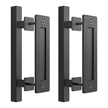 SKYSEN 2 Pack 12 Barn Door Handles Sliding barn Door Pull Handle No Gap Flat Plate Design Heavy Duty Square Easy to Install Matt Black 6852