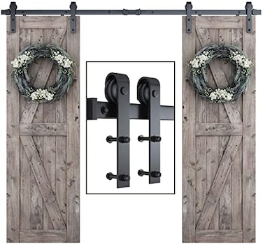 SMARTSTANDARD 8 FT Double Barn Door Hardware Kit Sliding Door TrackSmoothly and Quietly Includes Detailed Installation Fit 24 Wide Doorpanel J Shape Hanger Black