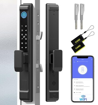 Anweller 2885 Mortise Sliding Glass Door Lock Smart Fingerprint Code Keypad RFID Remote App Electronic Digital Biometric Safety Patio Door Double Hook Mortise Lock Set with Handle