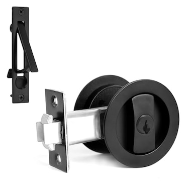 Dontay Pocket Door Keyed Lock with Handles Round Contemporary Entrance Sliding Barn Door Lock Latch Recessed 2 Sided 238 inch Backset Flush Handles Hardware 1 Matte Black