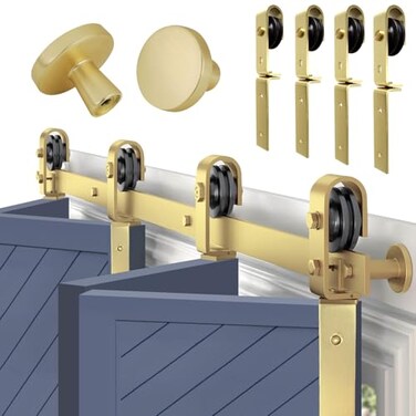 Rio Salto Gold Bifold Barn Door Hardware Kit 64 Closet Contractor Grade Heavy Gauge Aluminum Sliding Bi Fold Track System for 4 15 Panels 4 Rollers with Matching Knobs Hardware Only