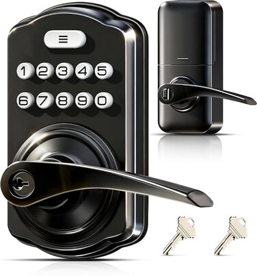 Veise Keypad Door Lock with Handle Keyless Entry for Front Door Bedroom Electronic Lock with Code AutoLocking Easy Installation Passage Mode Matte Black