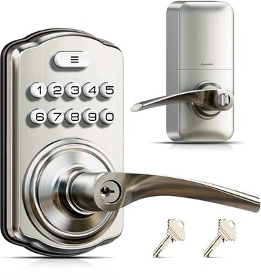Veise Keypad Door Lock with Handle Keyless Entry for Front Door Bedroom Electronic Lock with Code AutoLocking Easy Installation Passage Mode Satin Nickel