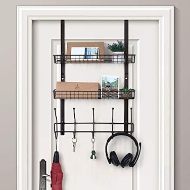 OYEAL Over The Door Hook Rack with 5 Hooks 2 Baskets Steel Sturdy Durable Coat Rack Towel Hooks Hanging Organizer Shelves for Home Bedroom Bathroom Kitchen Brown