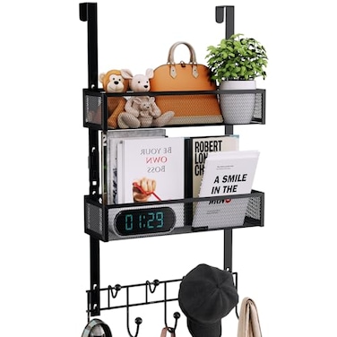 Consumest Over The Door Hooks Organizer 3 Tier Door Hanger with 9 Coat Hooks 2 Mesh Basket Back Storage Organizer Hanging Towels for Bathroom Bedroom Black
