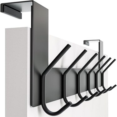 SKOLOO Over The Door Hook 6 Hooks No Assembly Required Stainless Steel Door Hooks Over Door Coat Rack for Hanging Coats Clothes Hats Robes Black