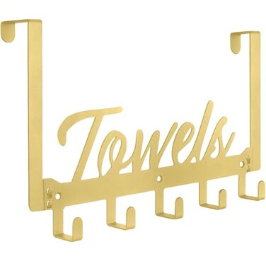 Azmoncy Over The Door Hooks Heavy Duty Towel Rack with 5 Coat Hooks for Bedroom Kitchen Gold Bathroom Decor