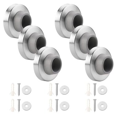 TINSKY 6pcs Concave Wall Door Stopper Bumper Door Stop Wall Mount Protector Stainless Round Rubber Handle Stoppers Knob Prevent Door Handle Damage Shield Walls Grey