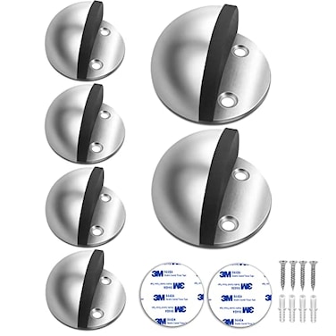 Gudui 6 Pack Door Stop Adhesive Door Stoppers Floor Mounted Door Stops No Drill with Rubber Bumper Wall Protector Stainless Steel Silver