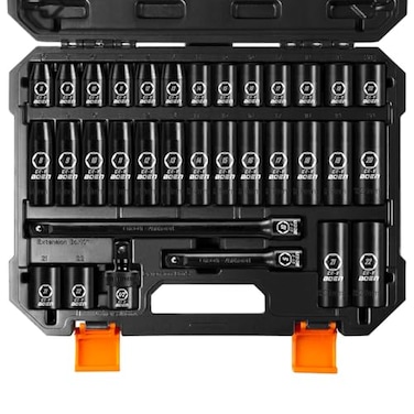 BOEN 12 Drive Impact Socket Set 33 Piece Deep Shallow Metric Socket Set 8mm to 22mm Includes 5 10 Extension Bars Universal Joint 6 Point Design CrV Steel Meets ANSI Standards