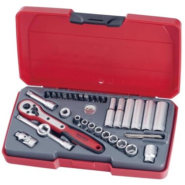Teng Tools 35 Piece 14 Inch Drive 6 Point SAE RegularShallow Deep Socket Set T1435AF Silver