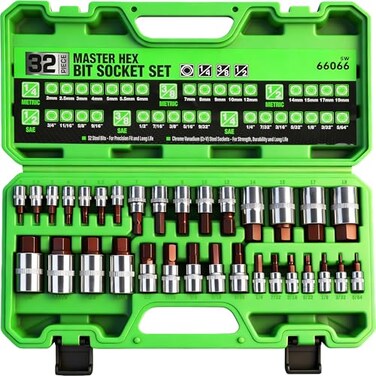 SWANLAKE GARDEN TOOLS SWANLAKE 32 Piece Hex Bit Socket SetSAE and Metric 14 38 12 Drive Socket Set S2 CrV Steel