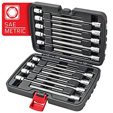 CARBYNE 18Piece Extra Long Hex Allen Bit Socket Set SAE 18 to 38 in and Metric 3 to 10mm 38 in Drive S2 Steel CrV Sockets 61 in Length Durable Case