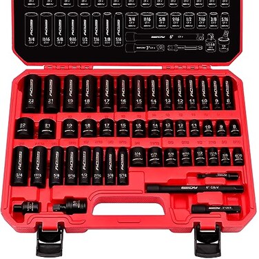 SEDY 38 Drive Impact Socket Set 49Piece SAE 516 to 34 inch and Metric 822mm Sizes with Extension Bars and Universal Joint Standard Deep CRV Material for High Durability Impact Wrench