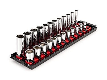 TEKTON 38 Inch Drive Shallow and Deep 6Point Socket Set with Rails and Tray 24Piece 819 mm SHD91215