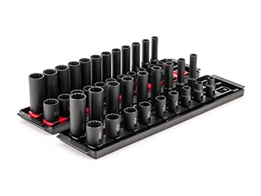 TEKTON 38 Inch Drive 12Point Impact Socket Set with Rails and Trays 42Piece 51634 in 819 mm SID91217