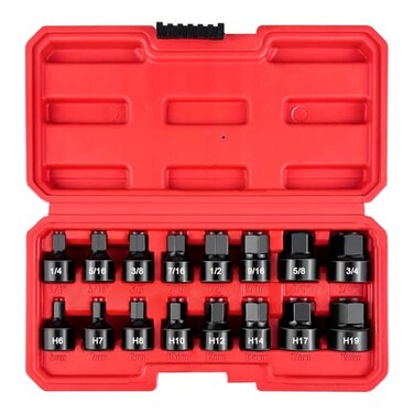 WETT 38Inch Drive Low Profile Impact Hex Driver Set 16Piece Stubby Hex Bit Socket Set CRV Steel SAEMetric 14 34 619mm